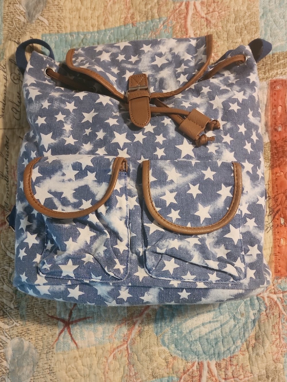 Star Print Canvas Backpack with Brown Trim